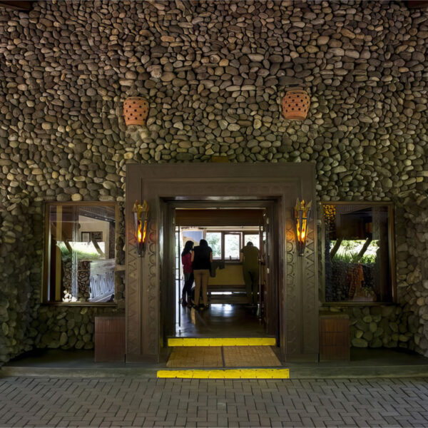 Stone entrance and reservation walls at Ngorongoro Serena Safari Lodge in Ngorongoro Crater