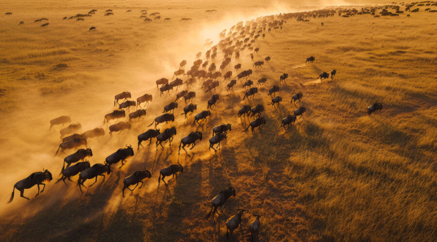 Expansive view of Serengeti’s golden savannah with wildlife roaming freely.