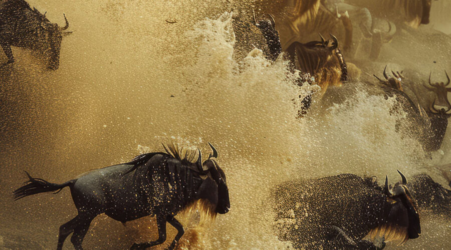 A dramatic view of wildebeest plunging into the Mara River during the Great Migration.