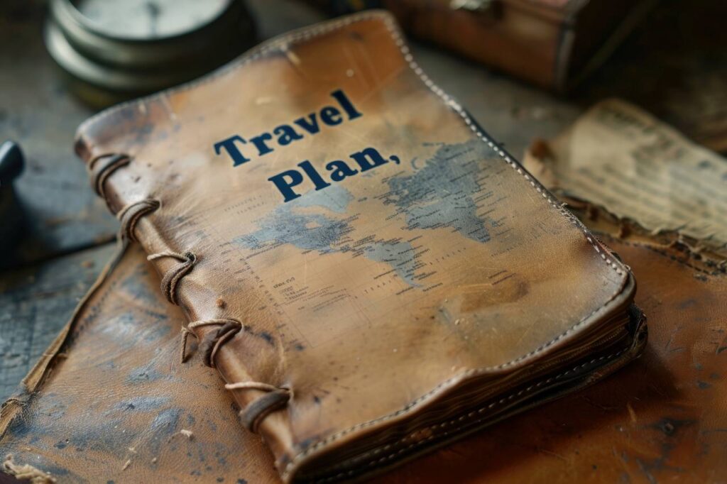Vintage Travel Plan leather book on a rustic table
