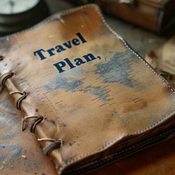 Vintage Travel Plan leather book on a rustic table