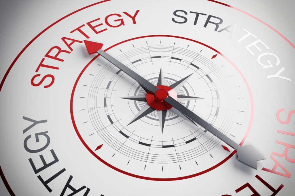3d illustration of a compass with the word strategy