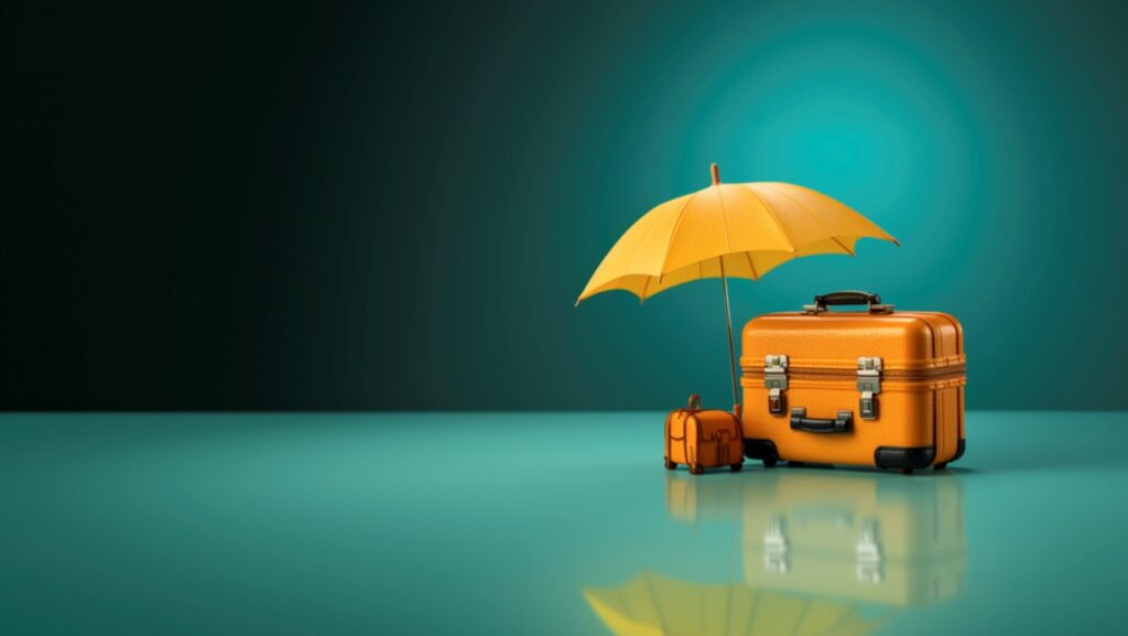 umbrella and toy luggage represent travel insurance on a green background