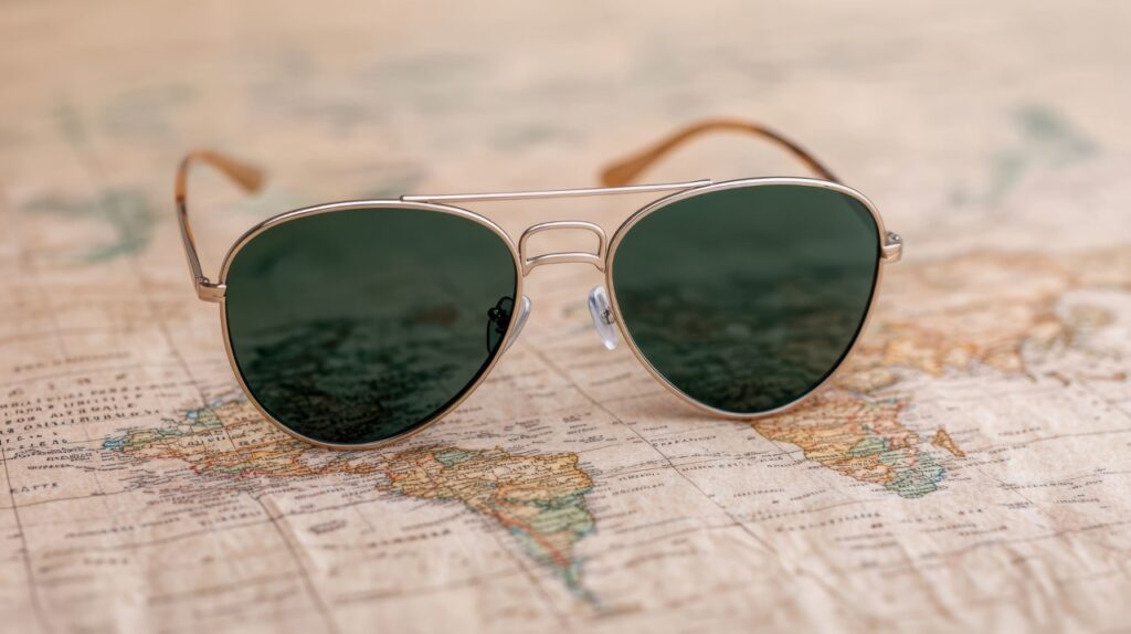Classic aviator sunglasses resting on vintage world map