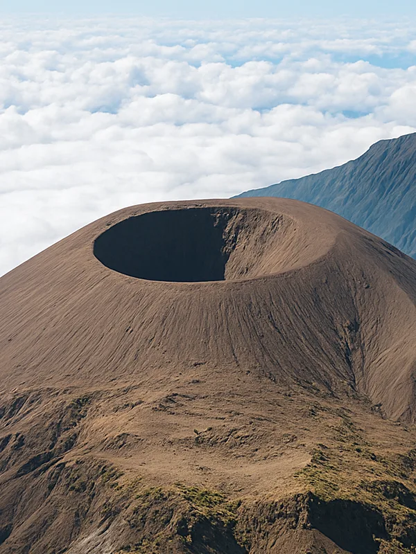 Stunning close up view from Mount Meru’s summit overlooking the crater and surrounding landscapes in Tanzania