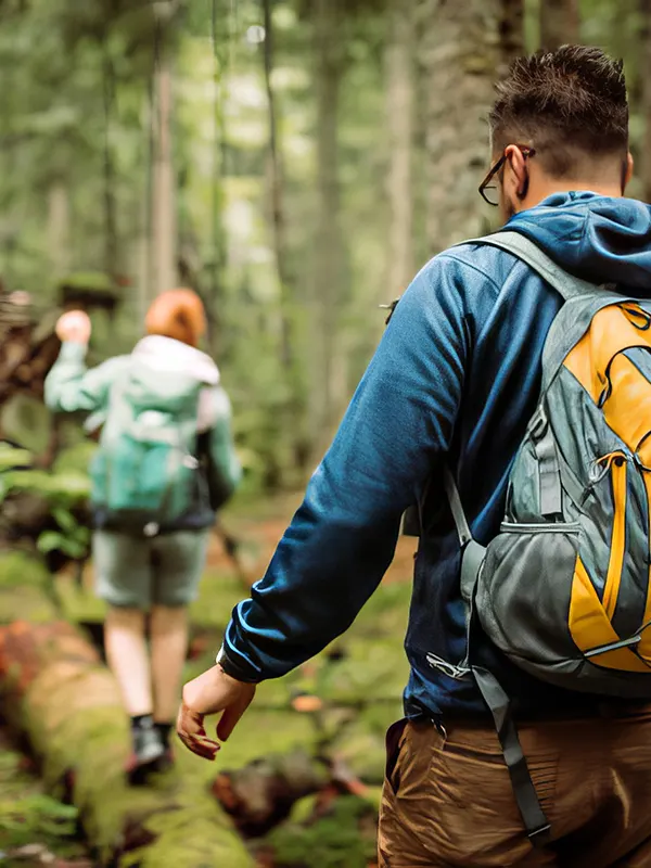 A group of trekkers hiking through the lush green trails of the Usambara Mountains, Tanzania