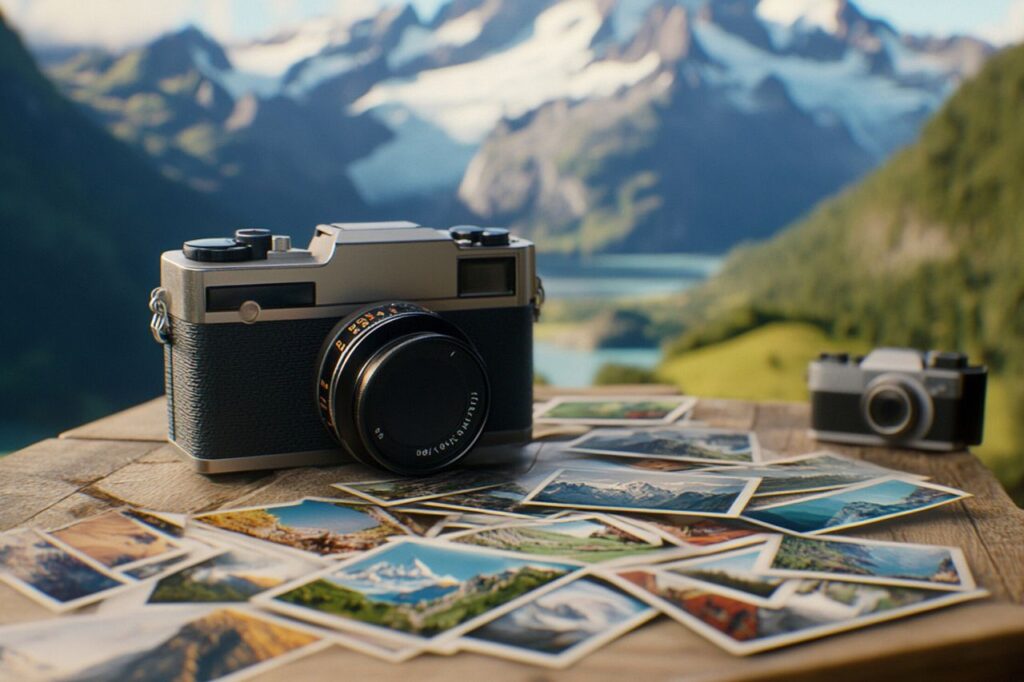 
A camera and a bunch of pictures on a table with snowy mountain as background