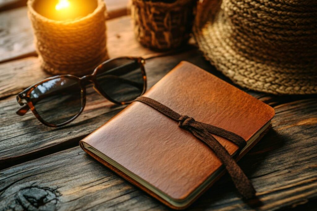 travel notebook with leather cover and sunglasses beside it