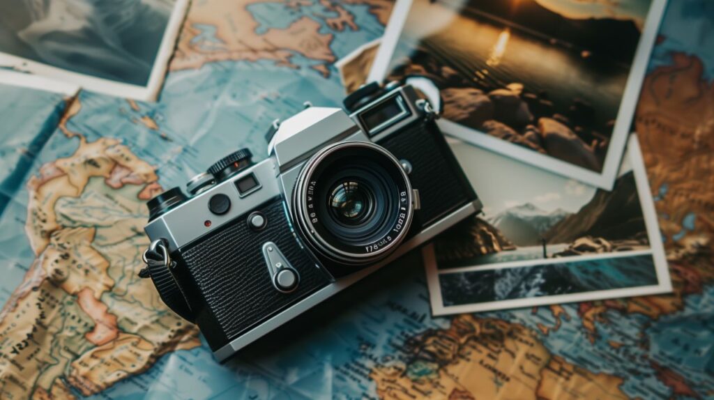 Camera and photographs lying on a plain surface on beautiful background