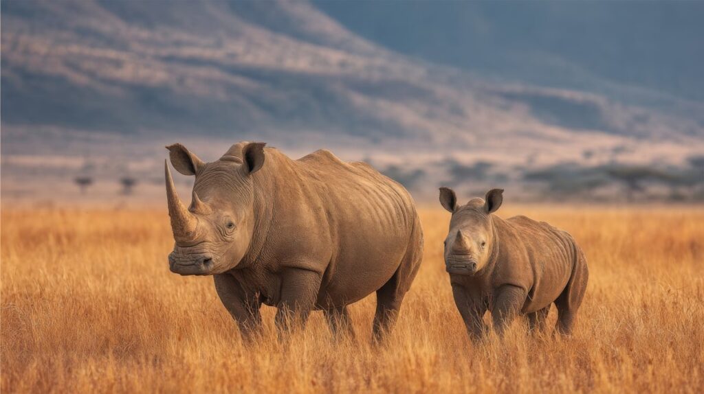
Two rhinos are walking in the grass