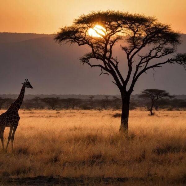 A serene sunset scene with a giraffe near a lone tree in a grassy landscape
