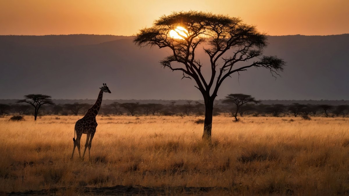 A serene sunset scene with a giraffe near a lone tree in a grassy landscape