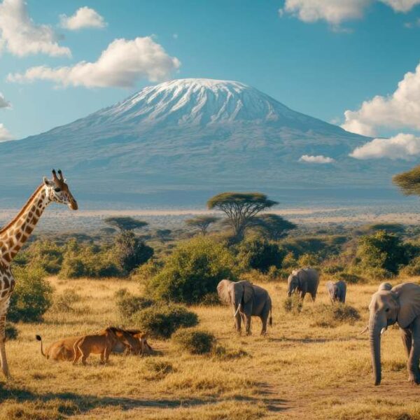 Giraffe and elephants grazing near Mount Kilimanjaro in the African savannah
