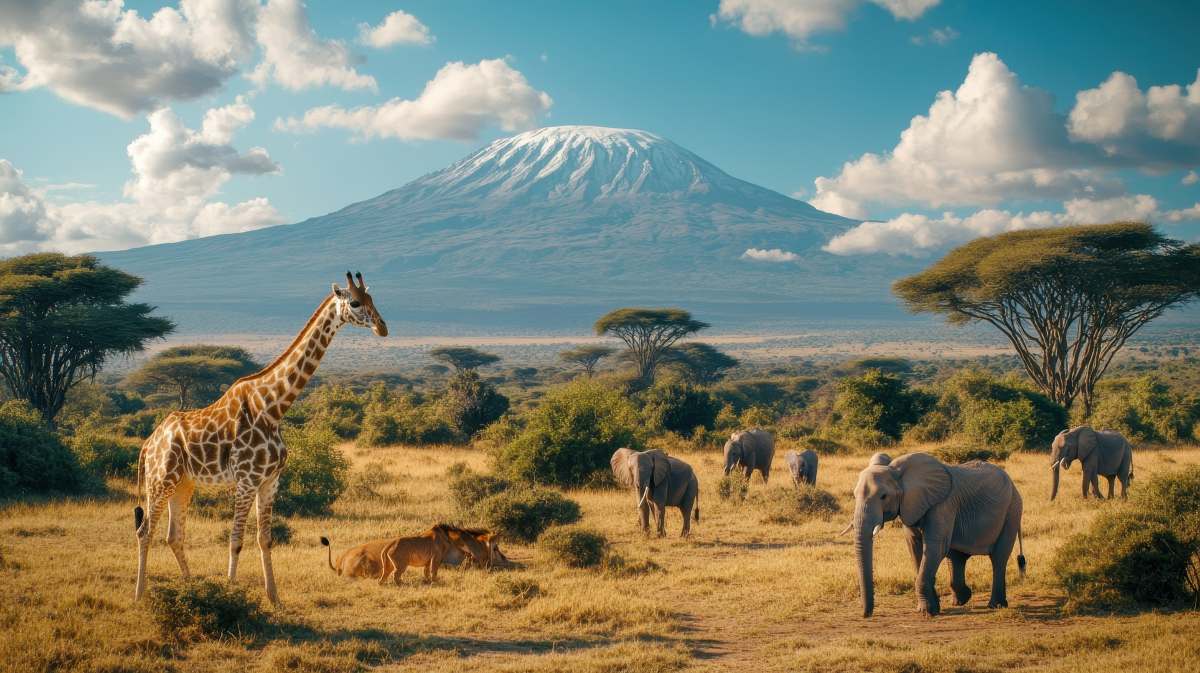 Giraffe and elephants grazing near Mount Kilimanjaro in the African savannah