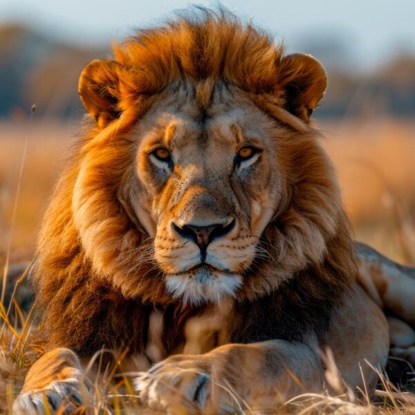 Lion sits in the grass in the evening sun