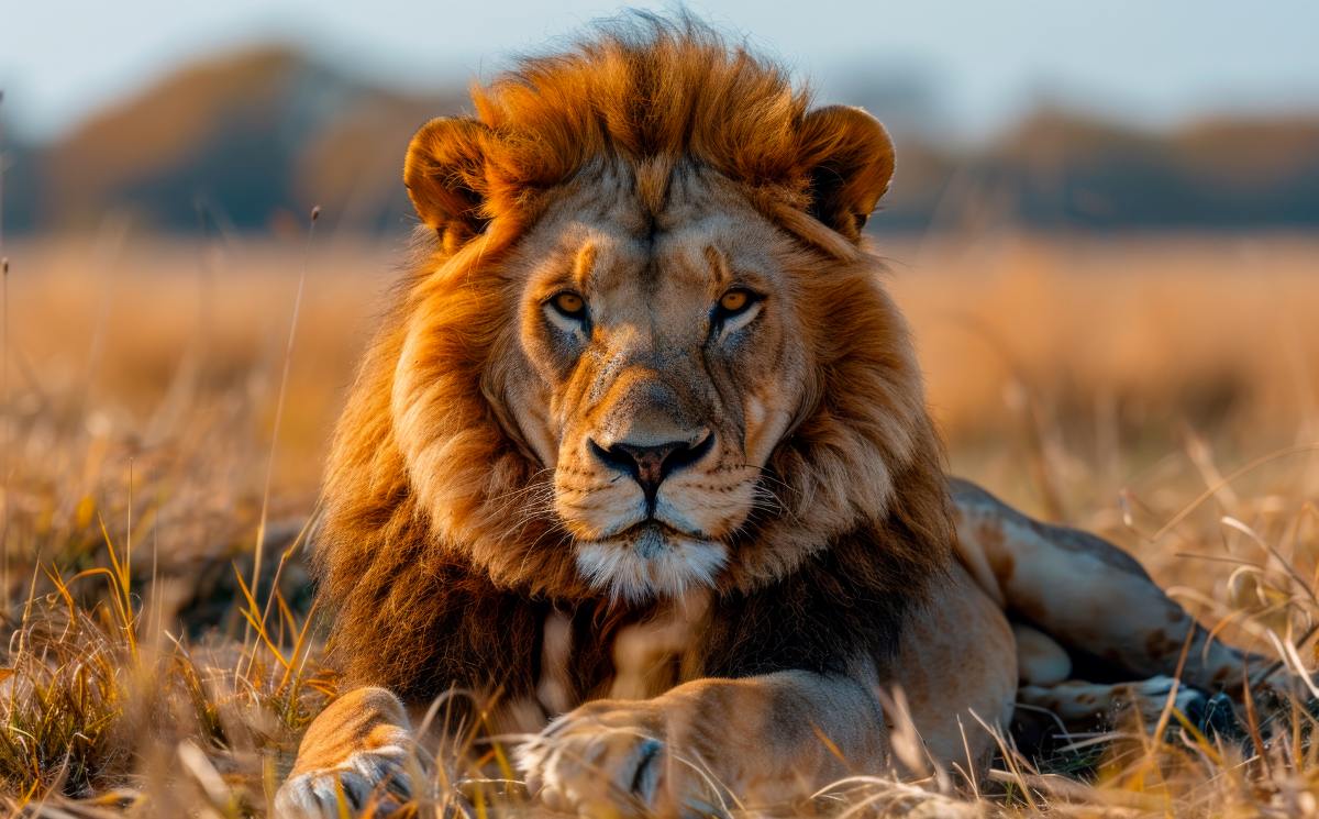 Lion sits in the grass in the evening sun