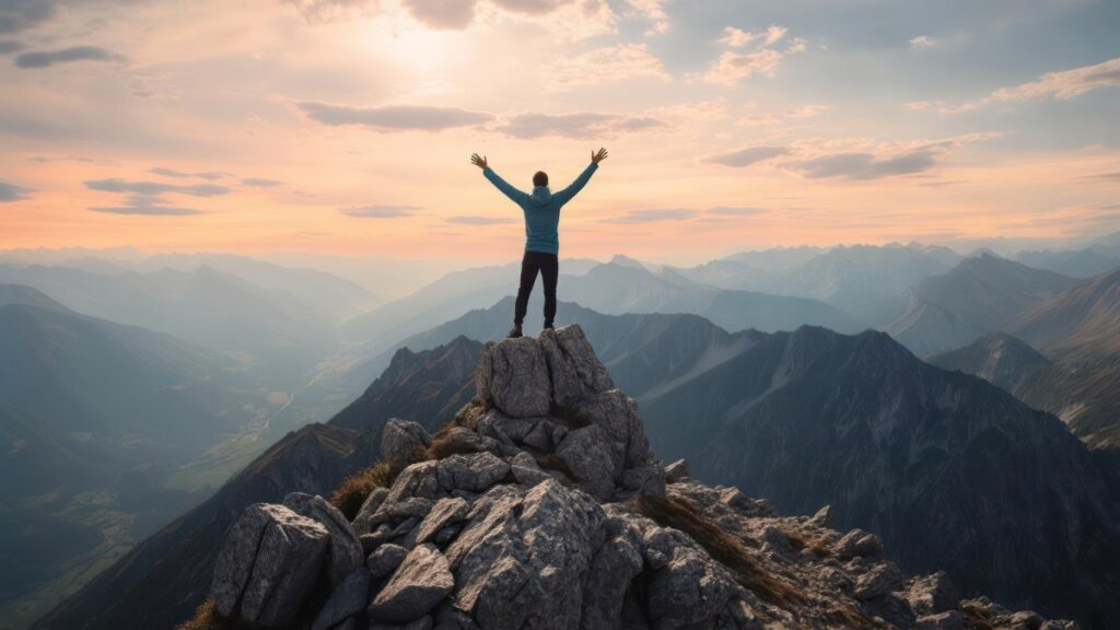 Man celebrates victory atop a mountain peak