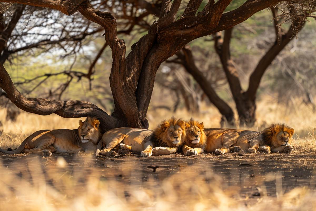 a group of lions laying down in the grass