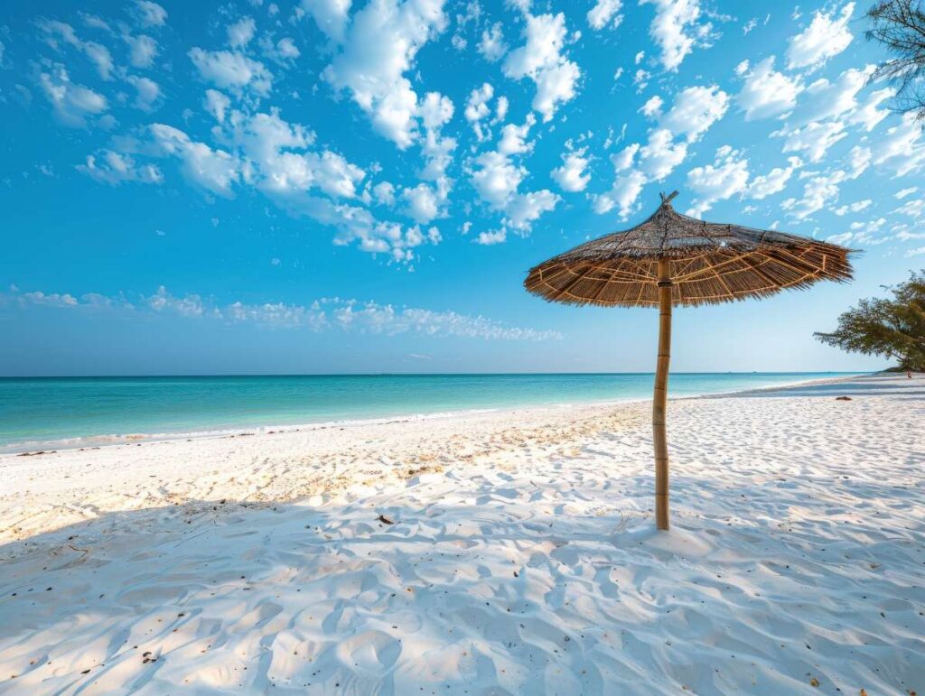 bamboo umbrella on a white sand beach on a beautiful sunny day