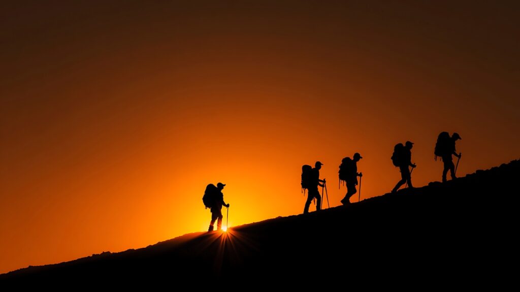 Silhouetted Hikers Ascend a Ridge Against a Radiant Orange Sunburst