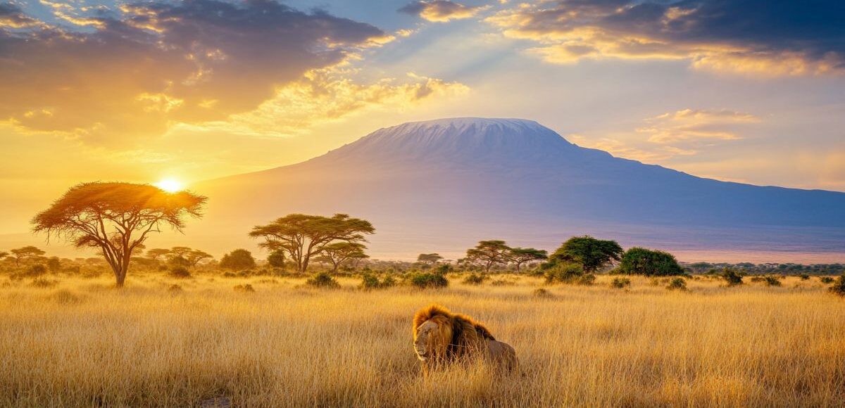 Majestic lion rests in the African savanna with Mount Kilimanjaro at sunrise