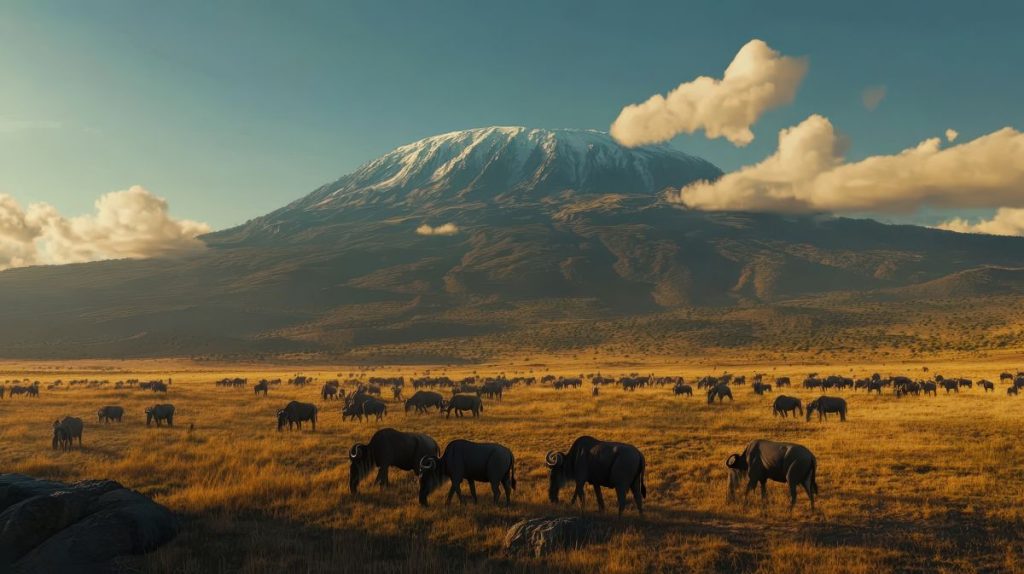 Herd of buffalo grazing near Mount Kilimanjaro