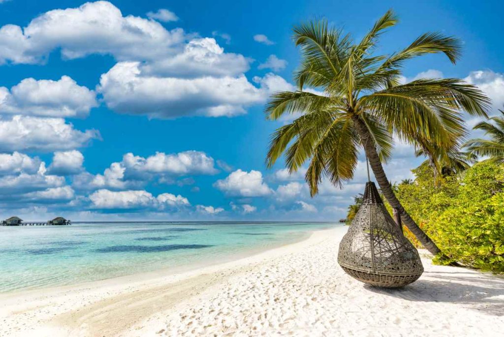 Amazing beach landscape, super wide panoramic exotic travel background.