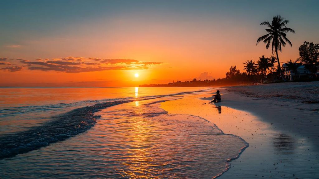 Silhouette of a person on a tropical beach at sunset