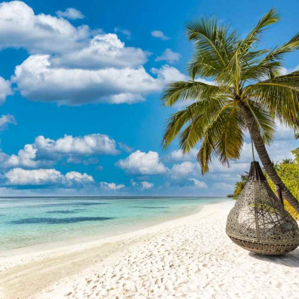 Amazing beach landscape, super wide panoramic exotic travel background.