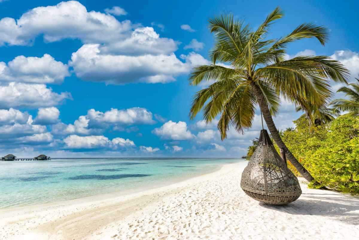 Amazing beach landscape, super wide panoramic exotic travel background.