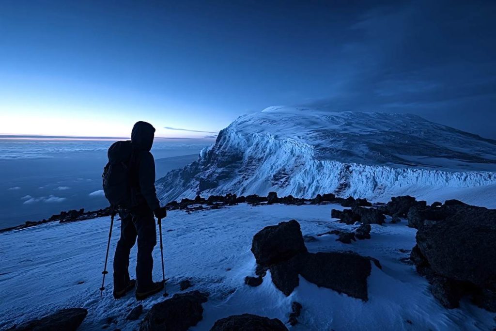 Mountaineer standing above the clouds on a snow covered mountain top