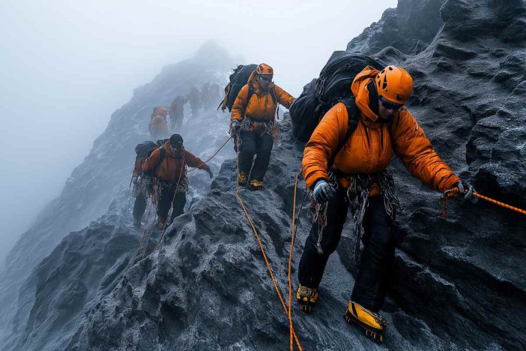Mountaineers climbing rocky terrain in foggy conditions during an expedition at high altitude