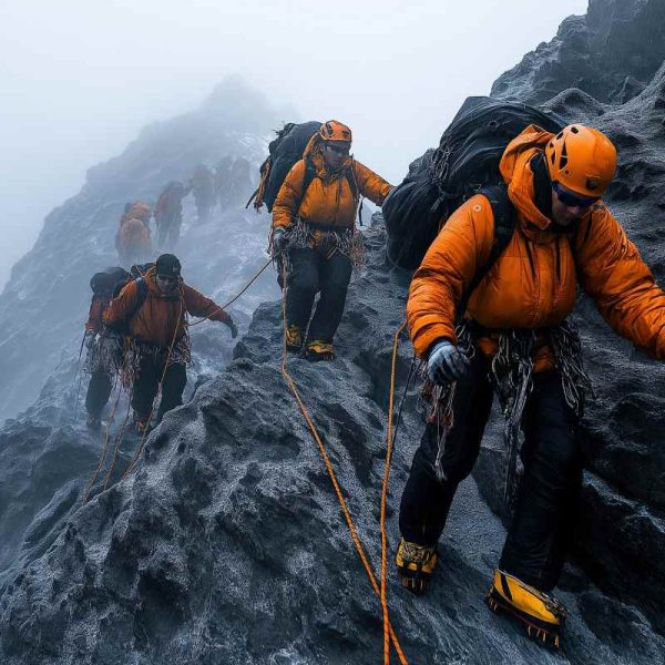 Mountaineers climbing rocky terrain in foggy conditions during an expedition at high altitude