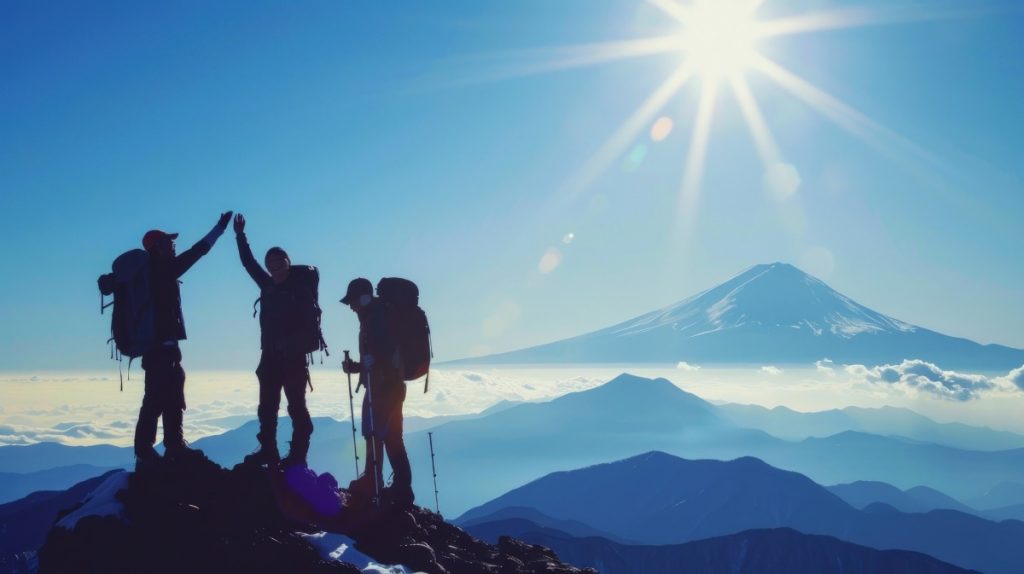 Mountaineer team reaching peak success with high five in mountain landscape