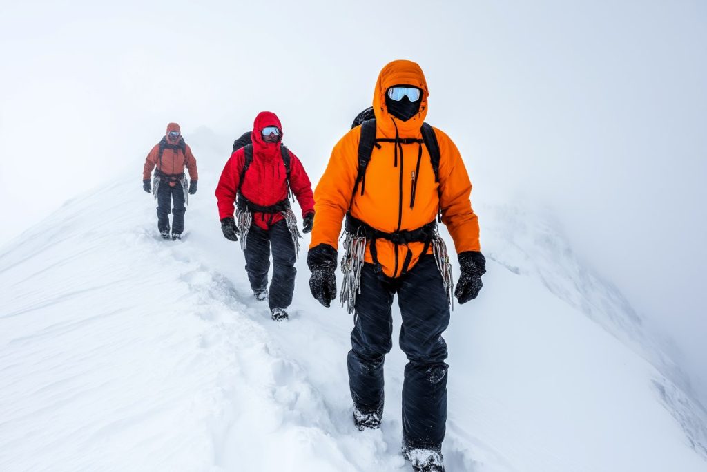 Alpine climbers brace against blizzards on an icy mountain summit
