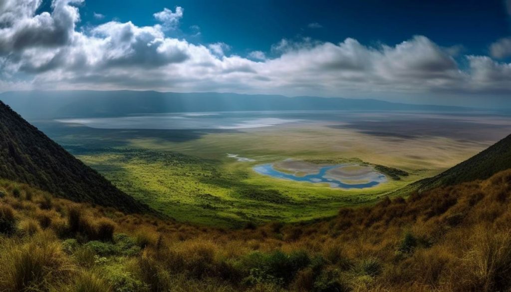 Majestic mountain range, tranquil meadow, and idyllic coastline beauty