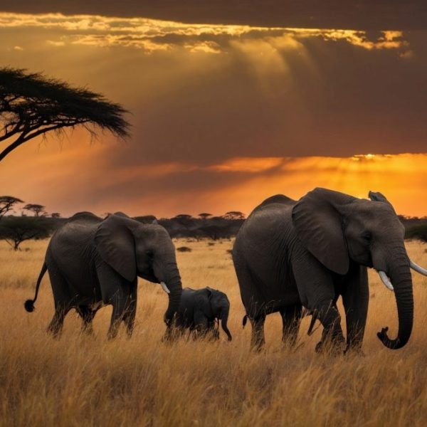 A family of elephants strolls through golden grasslands at sunset