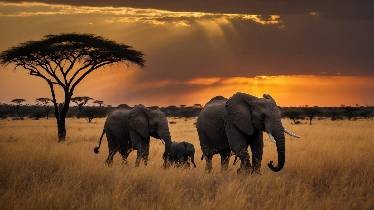 A family of elephants strolls through golden grasslands at sunset
