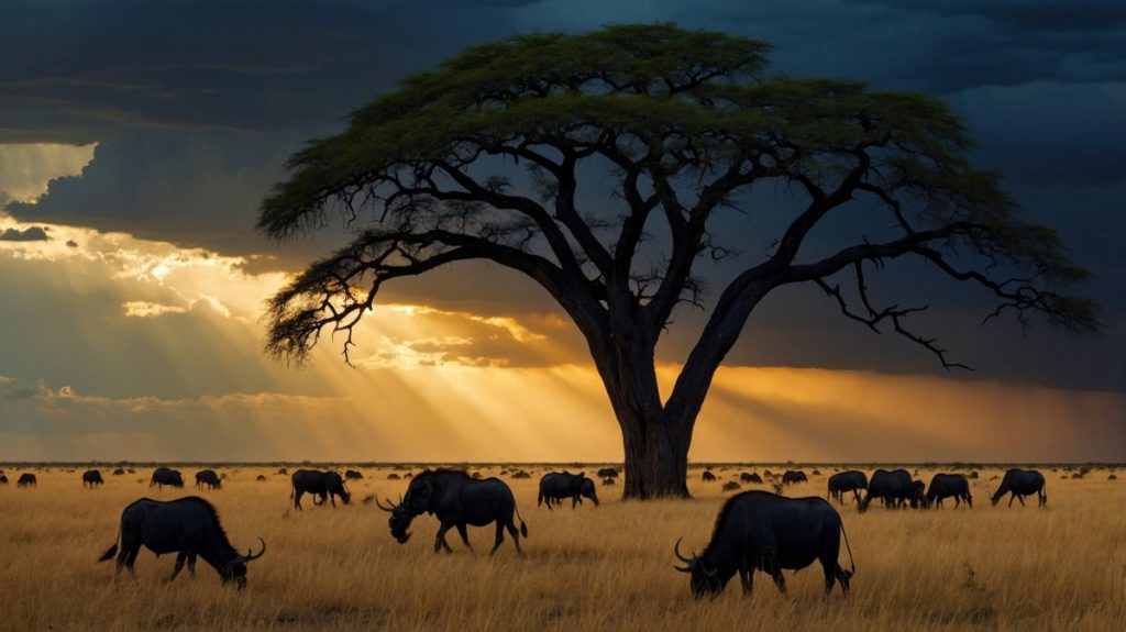 Majestic African landscape featuring buffalo grazing under a dramatic sky