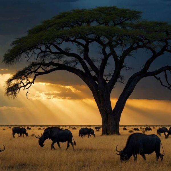 Majestic African landscape featuring buffalo grazing under a dramatic sky