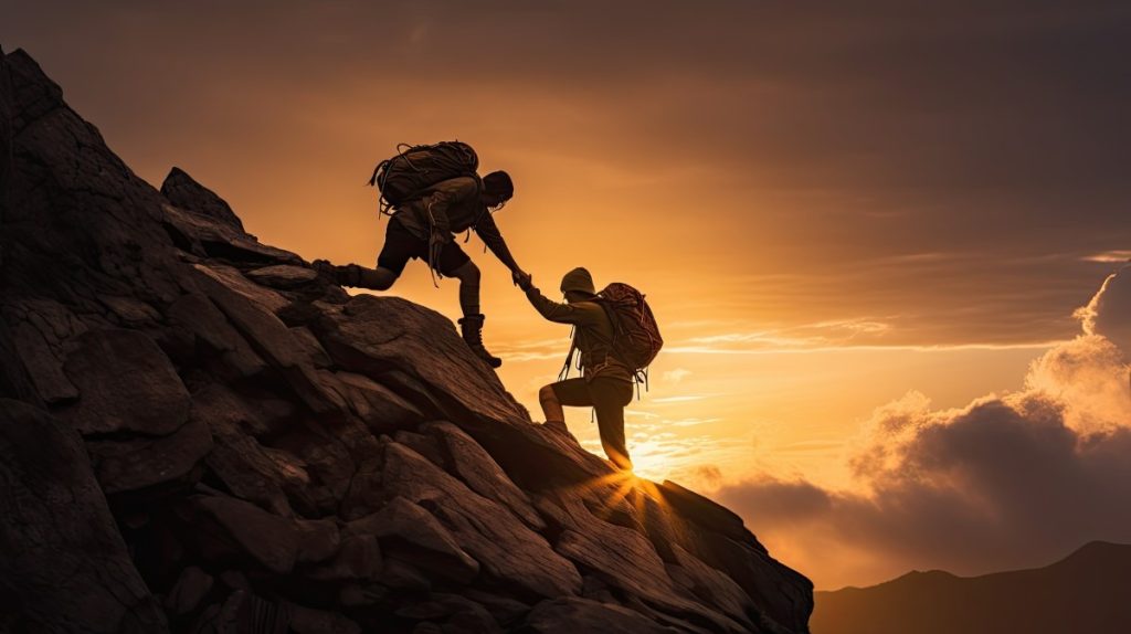 climbers on rocky mountain at sunset