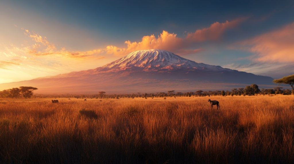 Majestic mount kilimanjaro at sunset with african savanna