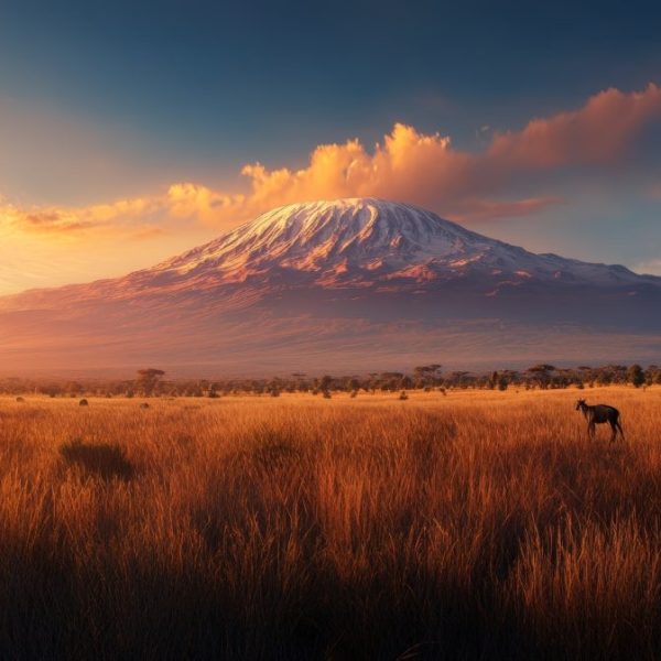 Majestic mount kilimanjaro at sunset with african savanna