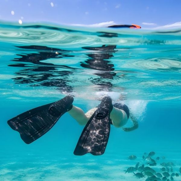 Underwater view of a snorkeler with flippers swimming in crystal clear turquoise water with a school of fish