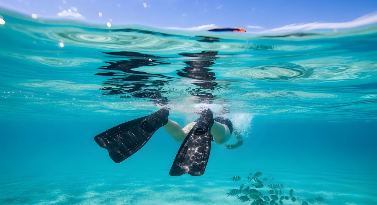 Underwater view of a snorkeler with flippers swimming in crystal clear turquoise water with a school of fish