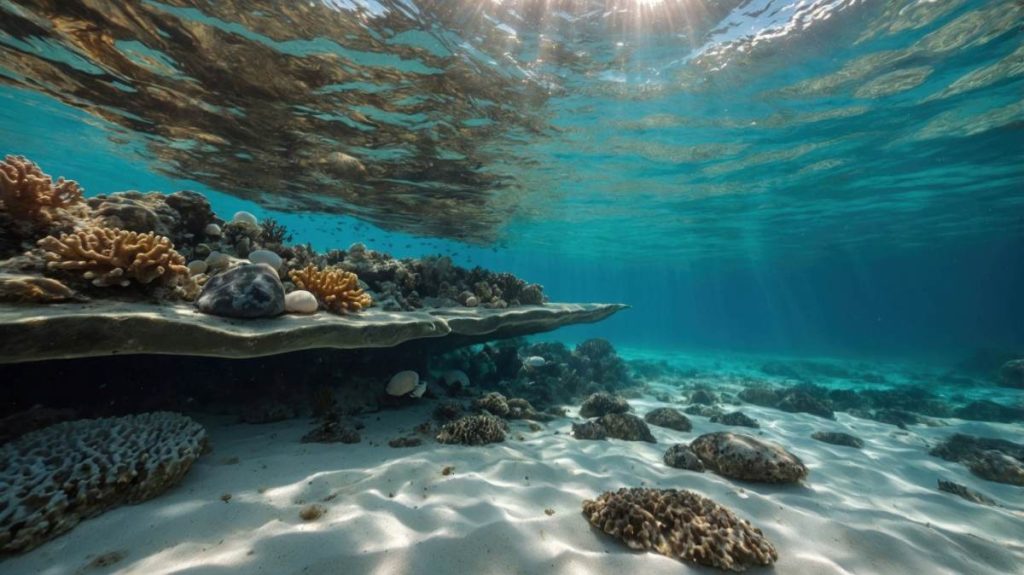 Underwater scene showcasing vibrant coral reefs and sandy ocean floor, illuminated by sunlight