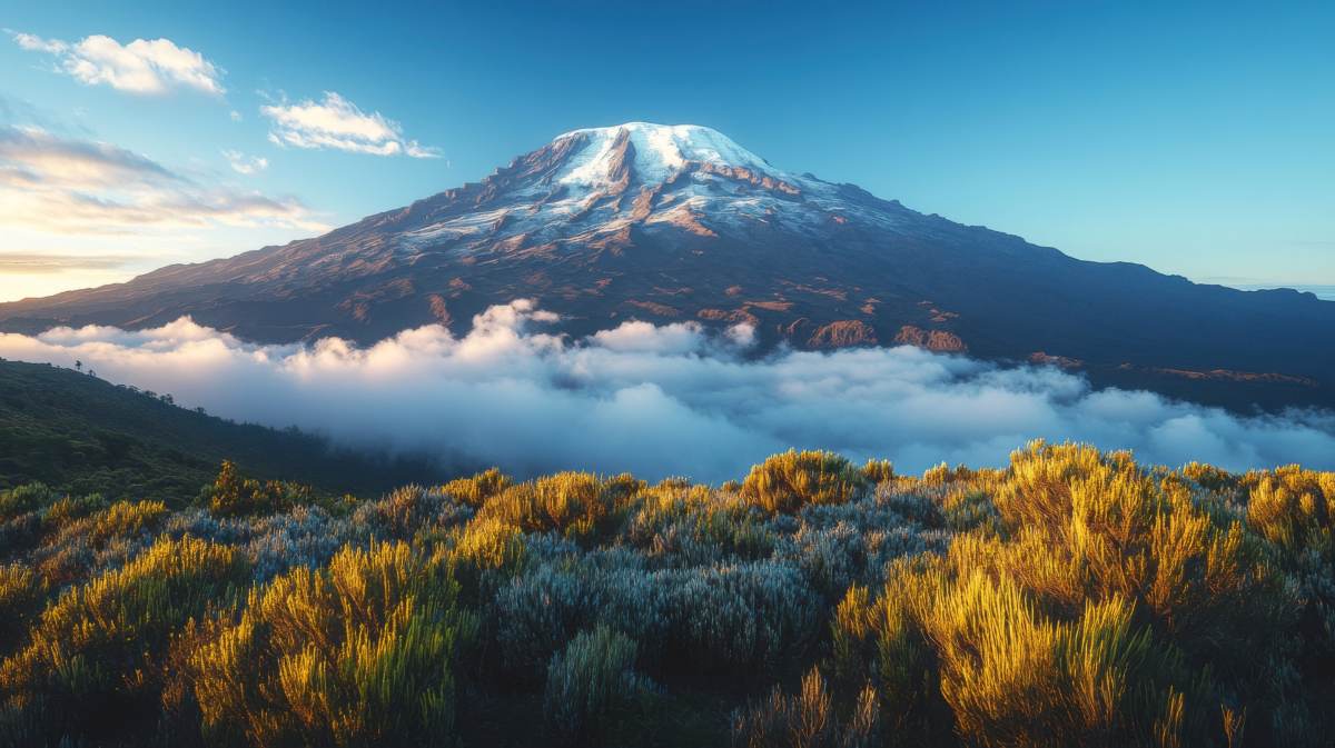 Snow mountain peak above clouds