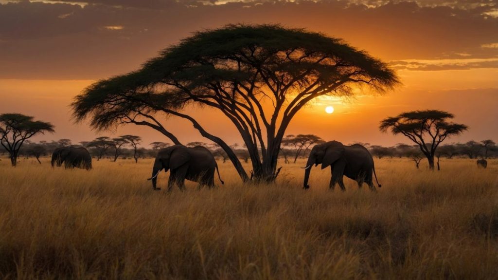Elephants grazing under a sunset sky near acacia trees in a vast savanna landscape