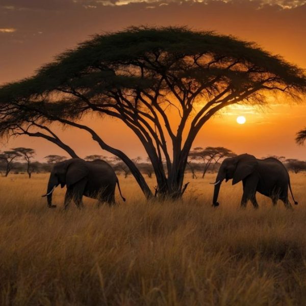 Elephants grazing under a sunset sky near acacia trees in a vast savanna landscape