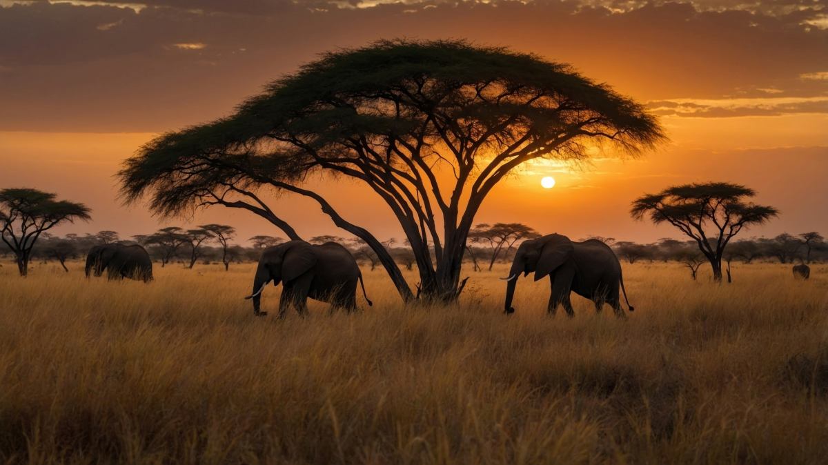Elephants grazing under a sunset sky near acacia trees in a vast savanna landscape